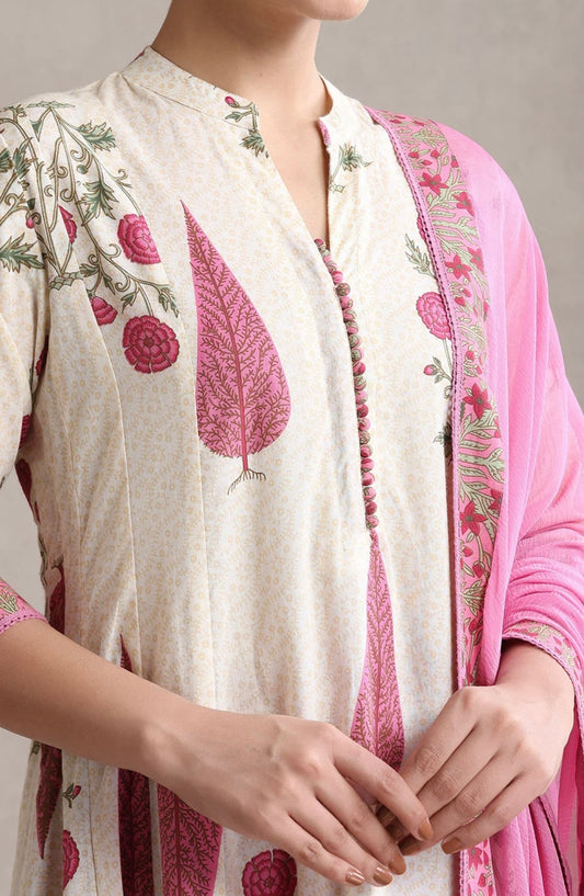 Adishaa floral block print suit with pant and dupatta in pink