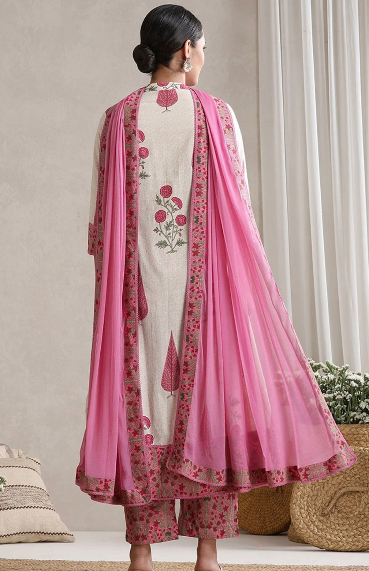 Adishaa floral block print suit with pant and dupatta in pink