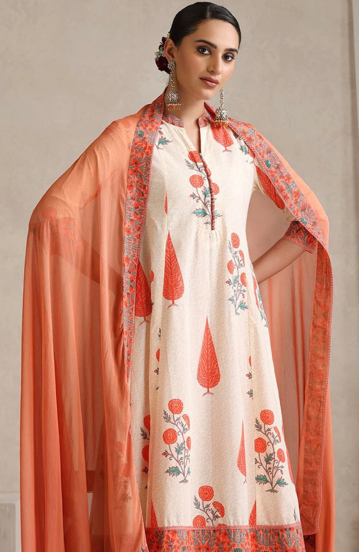 Adishaa floral block print suit with pant and dupatta in Orange