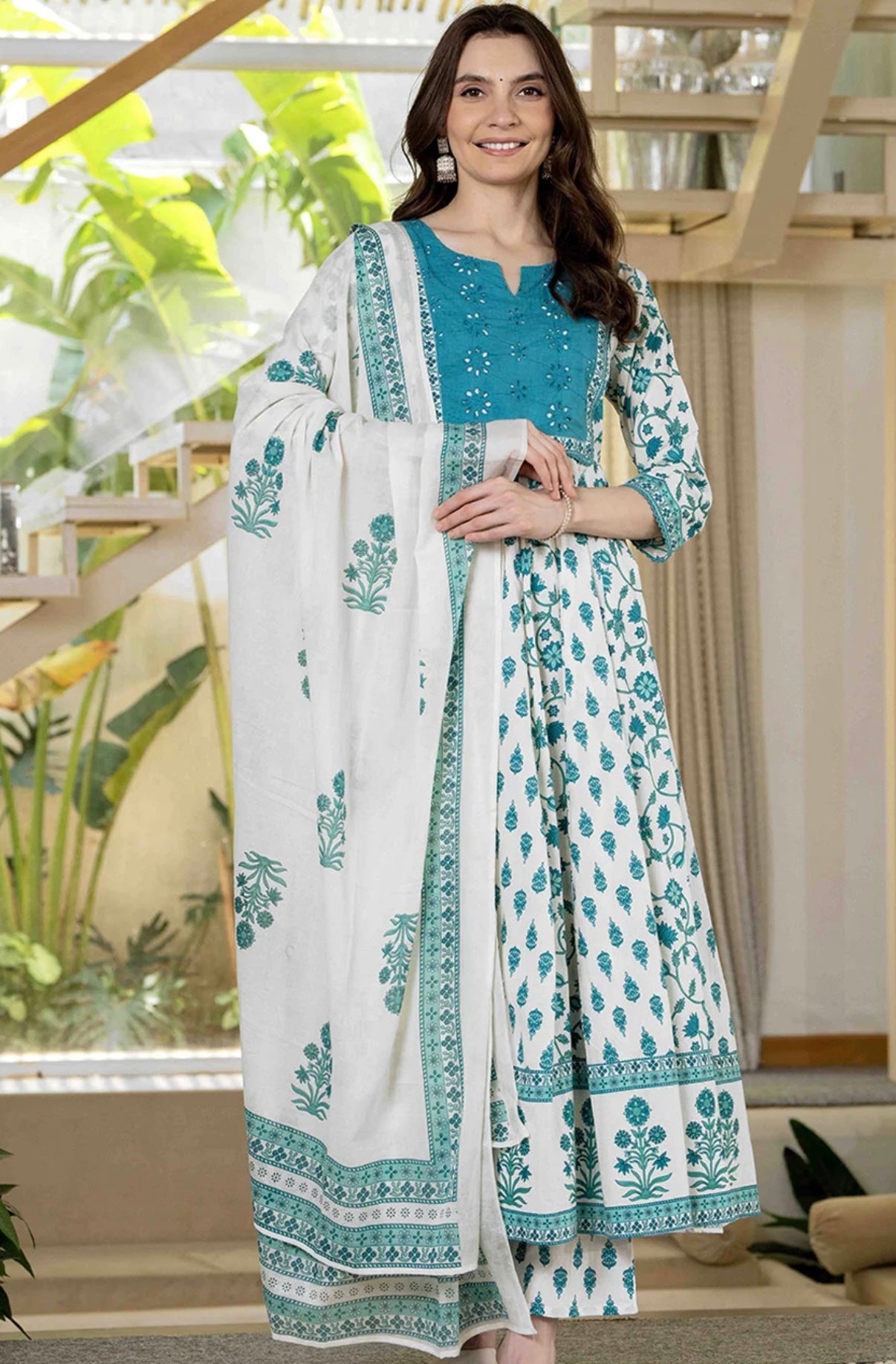 Adishaa blue white embriodery anarkali suit