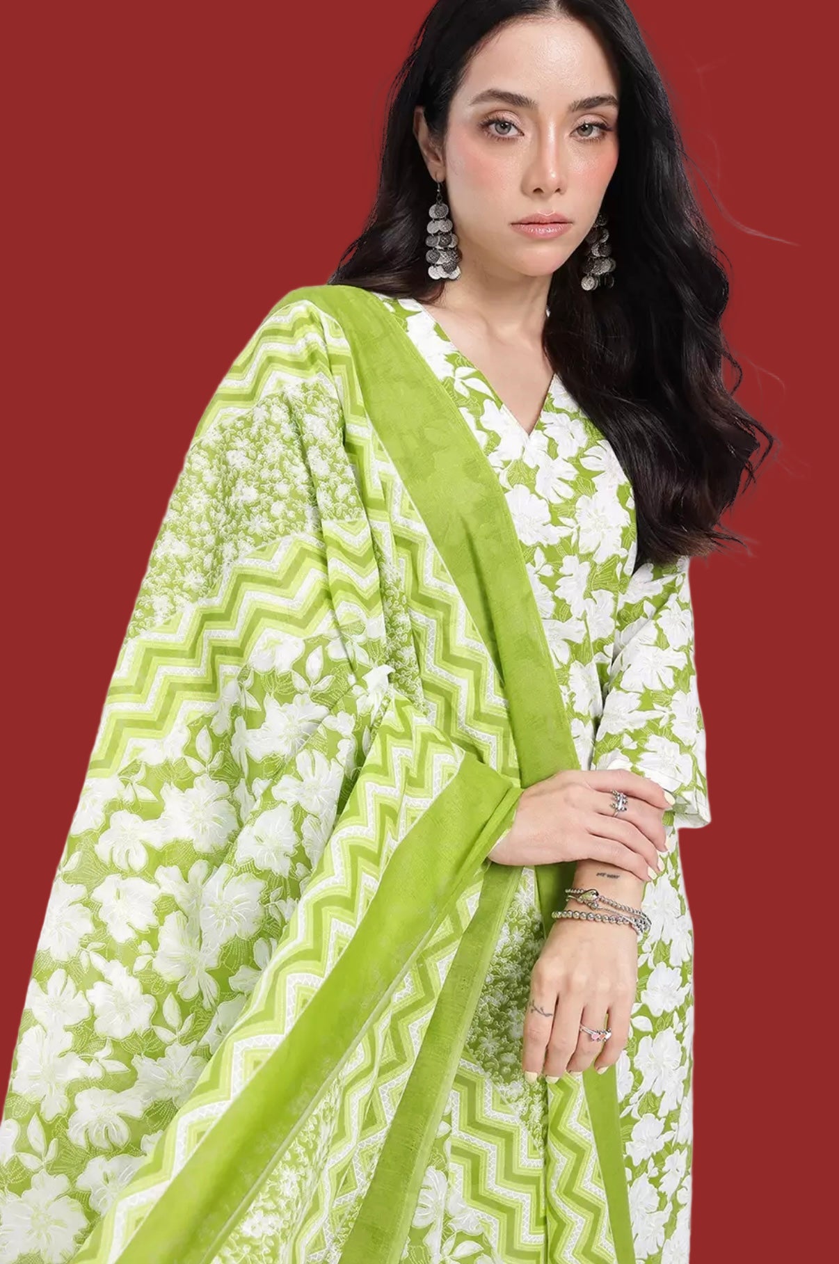 Cotton green suit with pant and dupatta