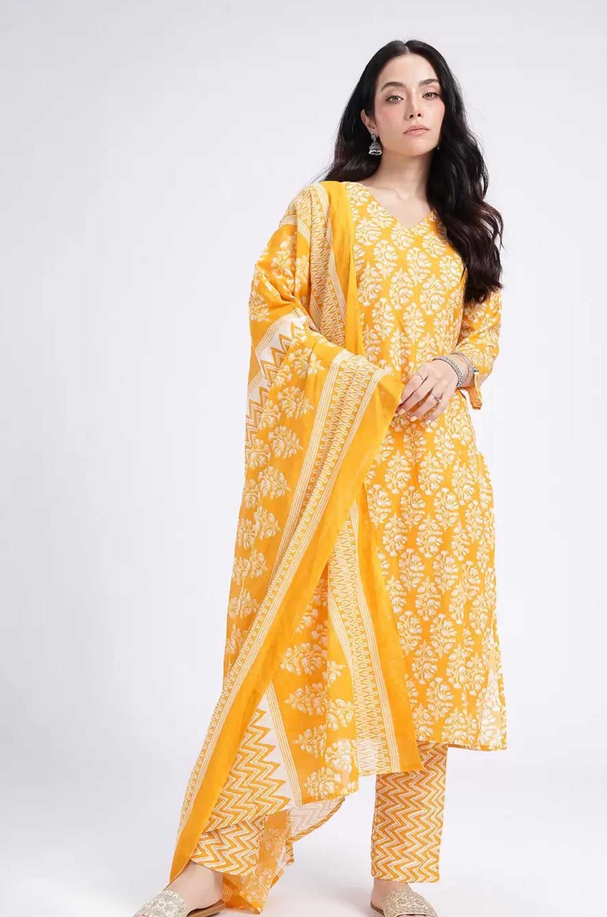 Cotton yellow suit with pant and dupatta