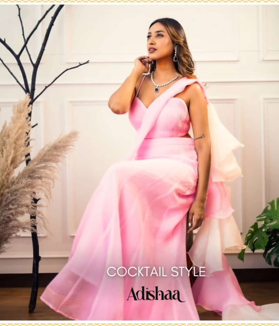 Pink-White Fishcut Draped saree with stitched blouse
