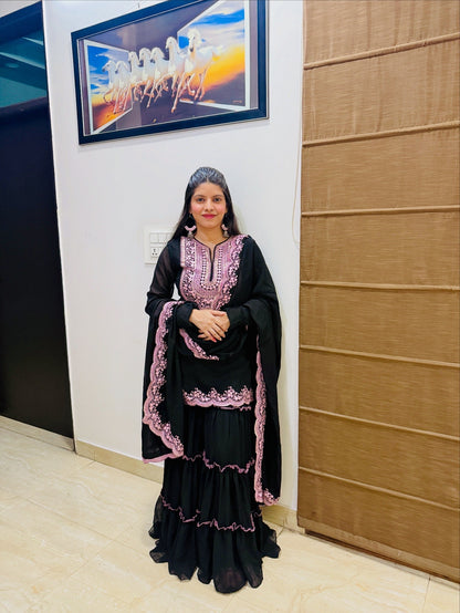 Black sharara suit with pink embriodery thread work