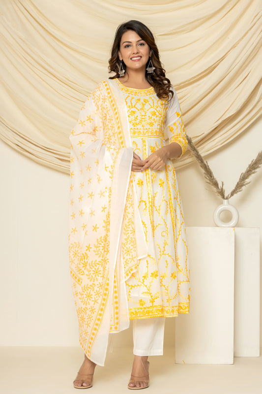 Yellow white chikankari anarkali suit