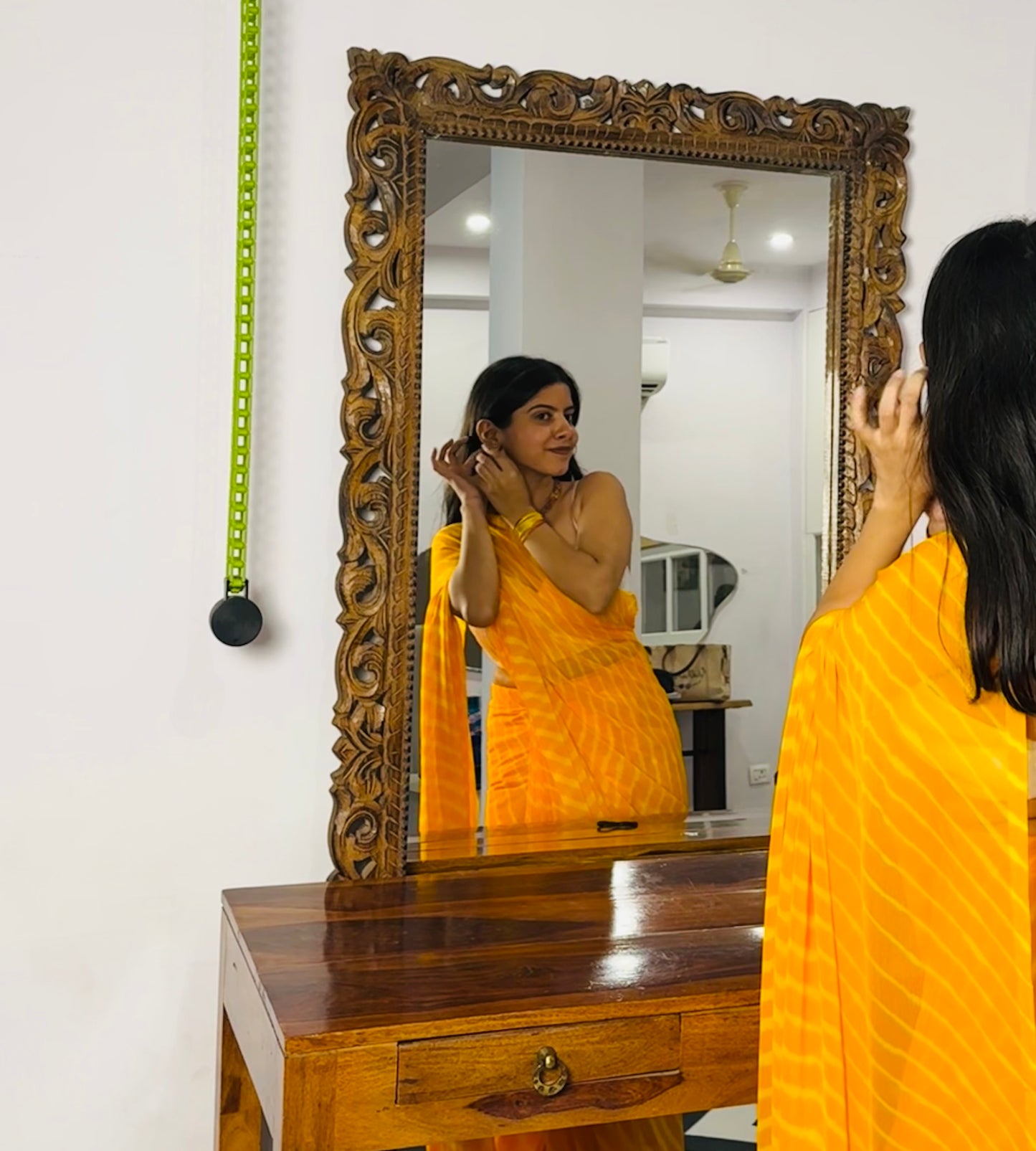 Synthetic chiffon lehriya saree in yellow