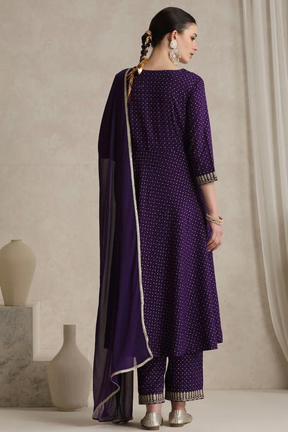 Purple suit with golden thread work