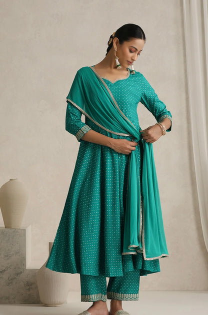 Sea Green suit with golden thread work
