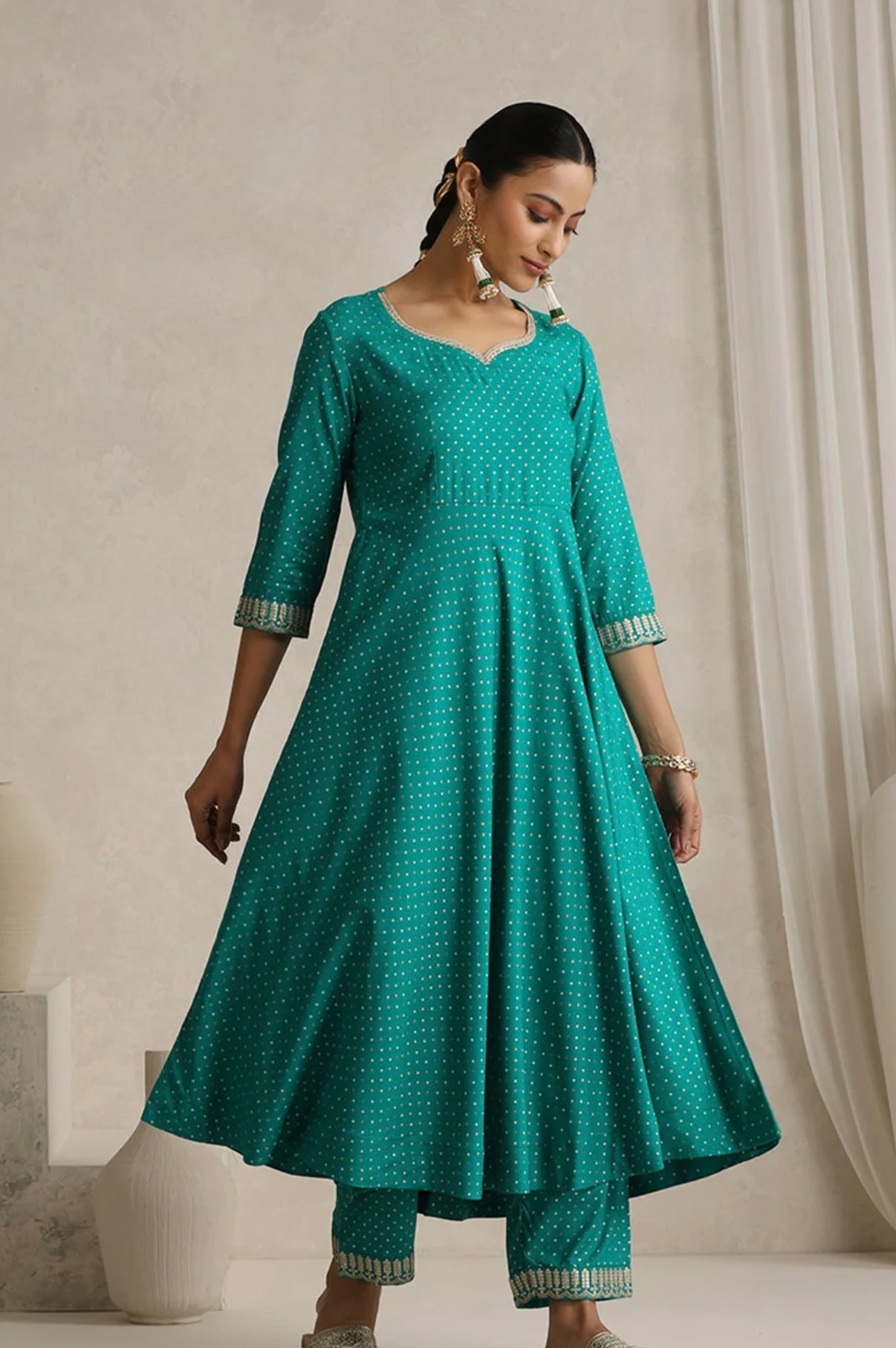 Sea Green suit with golden thread work