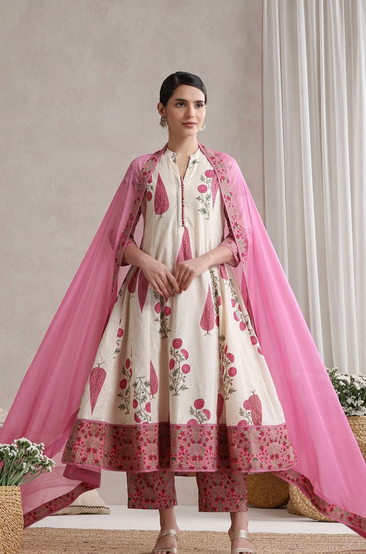 Adishaa floral block print suit with pant and dupatta in pink