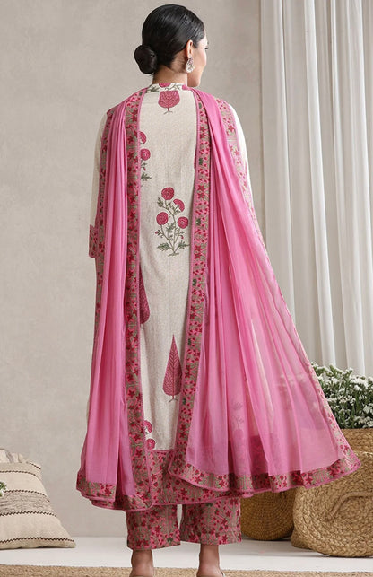 Adishaa floral block print suit with pant and dupatta in pink