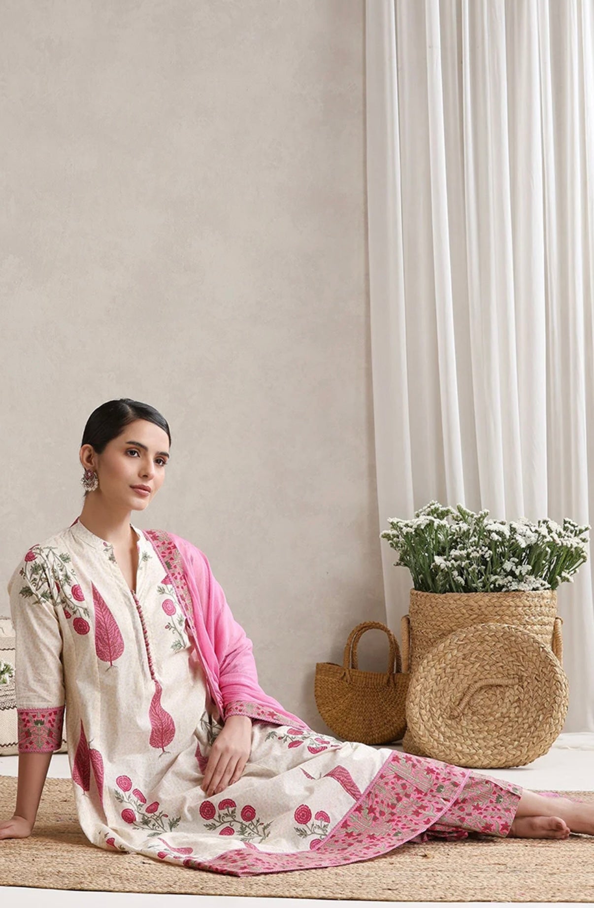 Adishaa floral block print suit with pant and dupatta in pink
