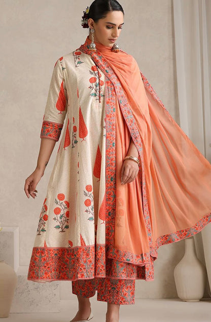 Adishaa floral block print suit with pant and dupatta in Orange