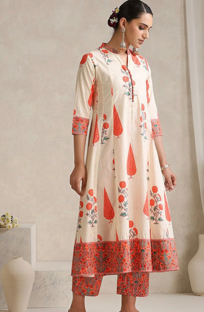 Adishaa floral block print suit with pant and dupatta in Orange