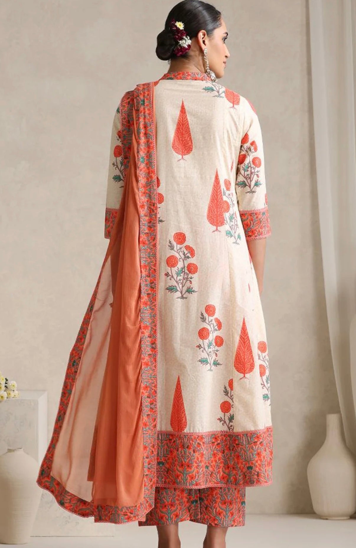 Adishaa floral block print suit with pant and dupatta in Orange