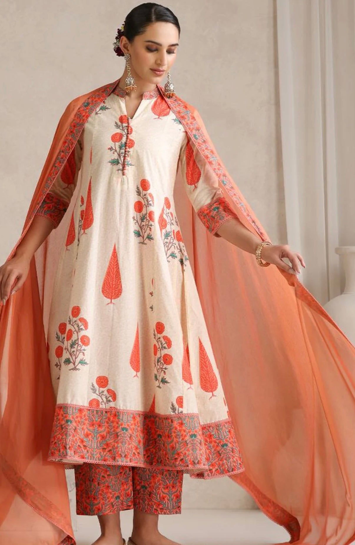 Adishaa floral block print suit with pant and dupatta in Orange