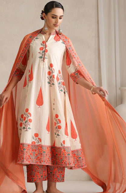 Adishaa floral block print suit with pant and dupatta in Orange