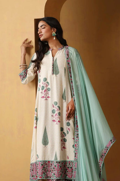 Adishaa floral block print suit with pant and dupatta in blue pink