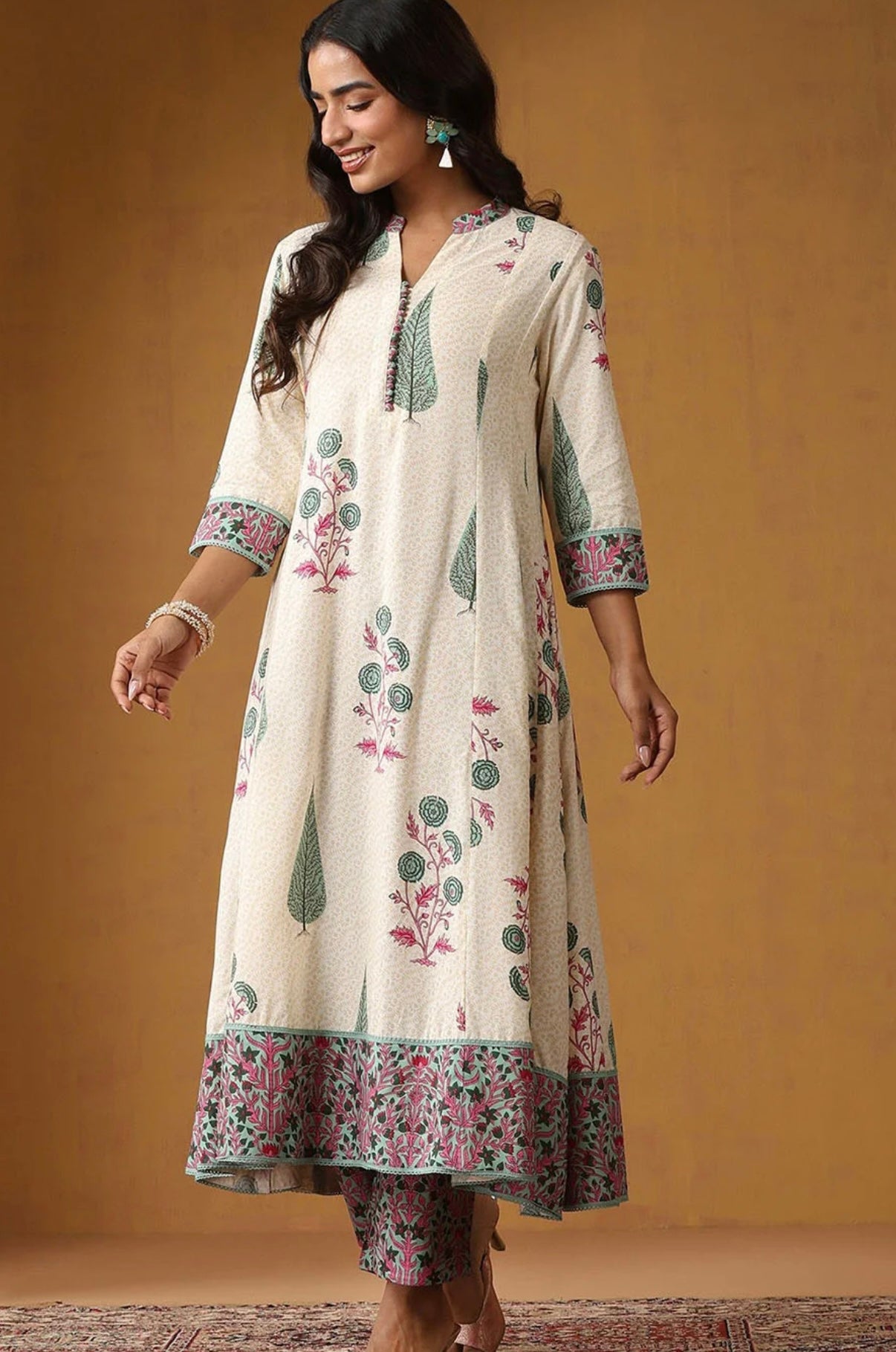 Adishaa floral block print suit with pant and dupatta in blue pink