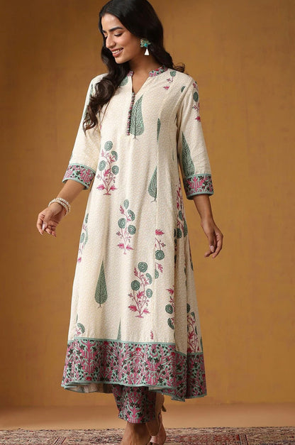 Adishaa floral block print suit with pant and dupatta in blue pink