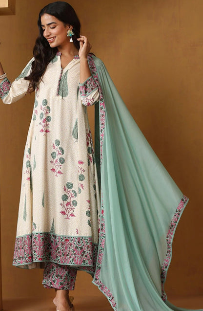 Adishaa floral block print suit with pant and dupatta in blue pink
