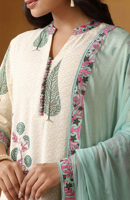 Adishaa floral block print suit with pant and dupatta in blue pink