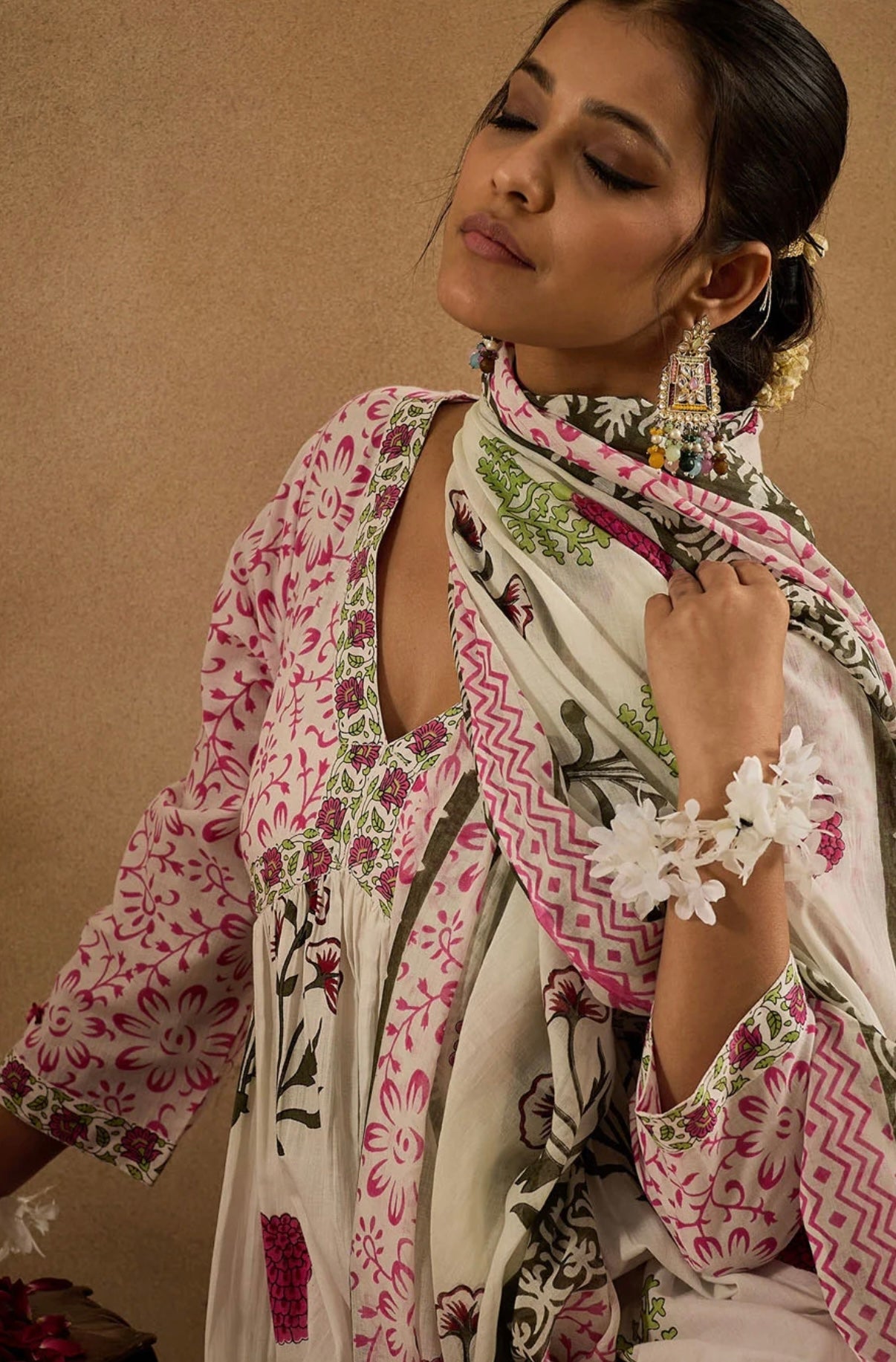 Adishaa floral digital print suit with pant and dupatta pink white