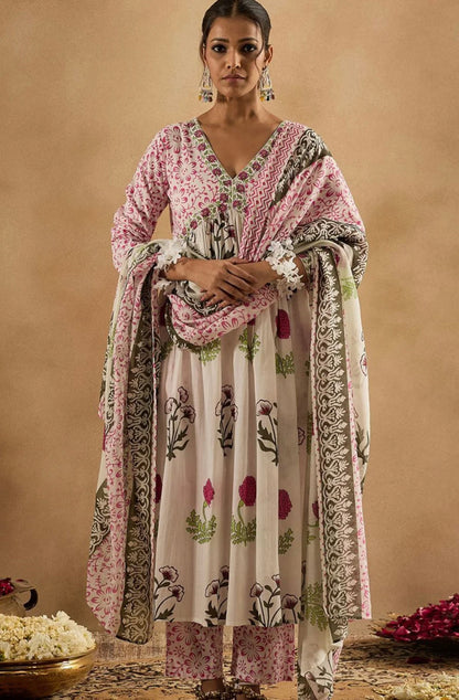 Adishaa floral digital print suit with pant and dupatta pink white