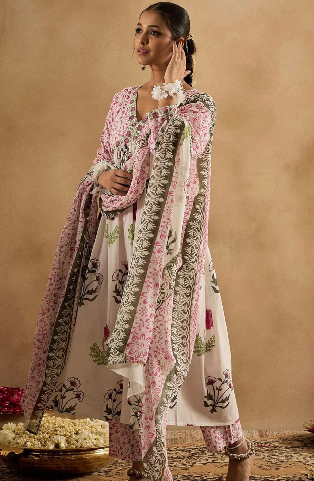Adishaa floral digital print suit with pant and dupatta pink white