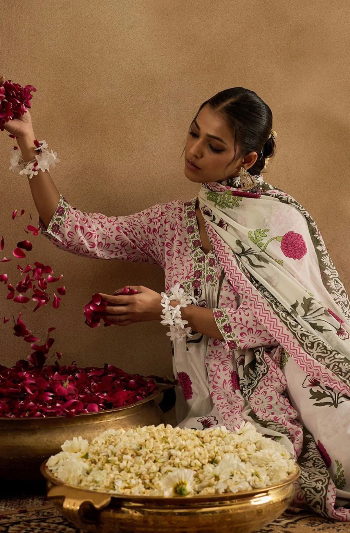 Adishaa floral digital print suit with pant and dupatta pink white