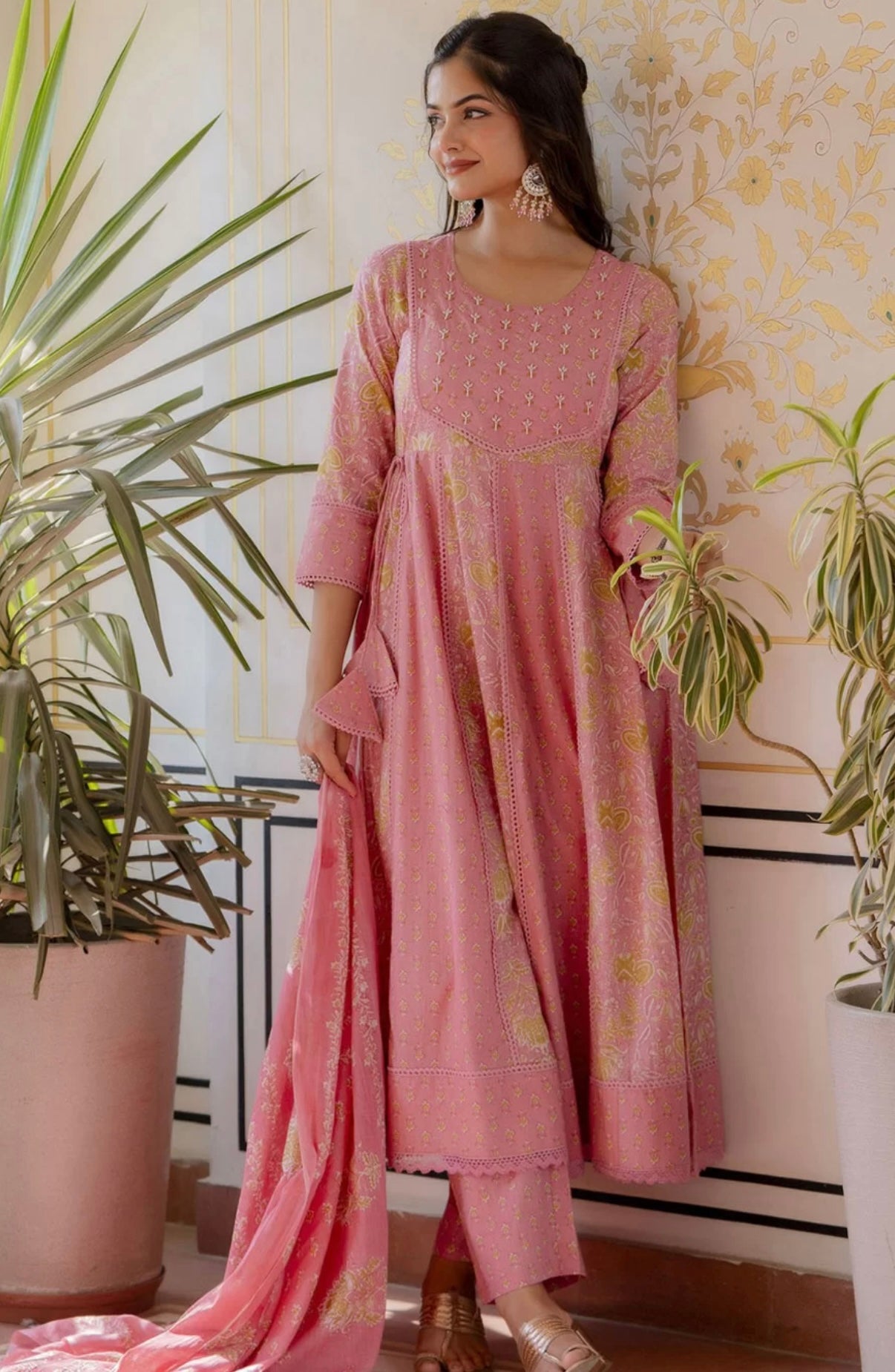 Adishaa pink lacework anarkali suit