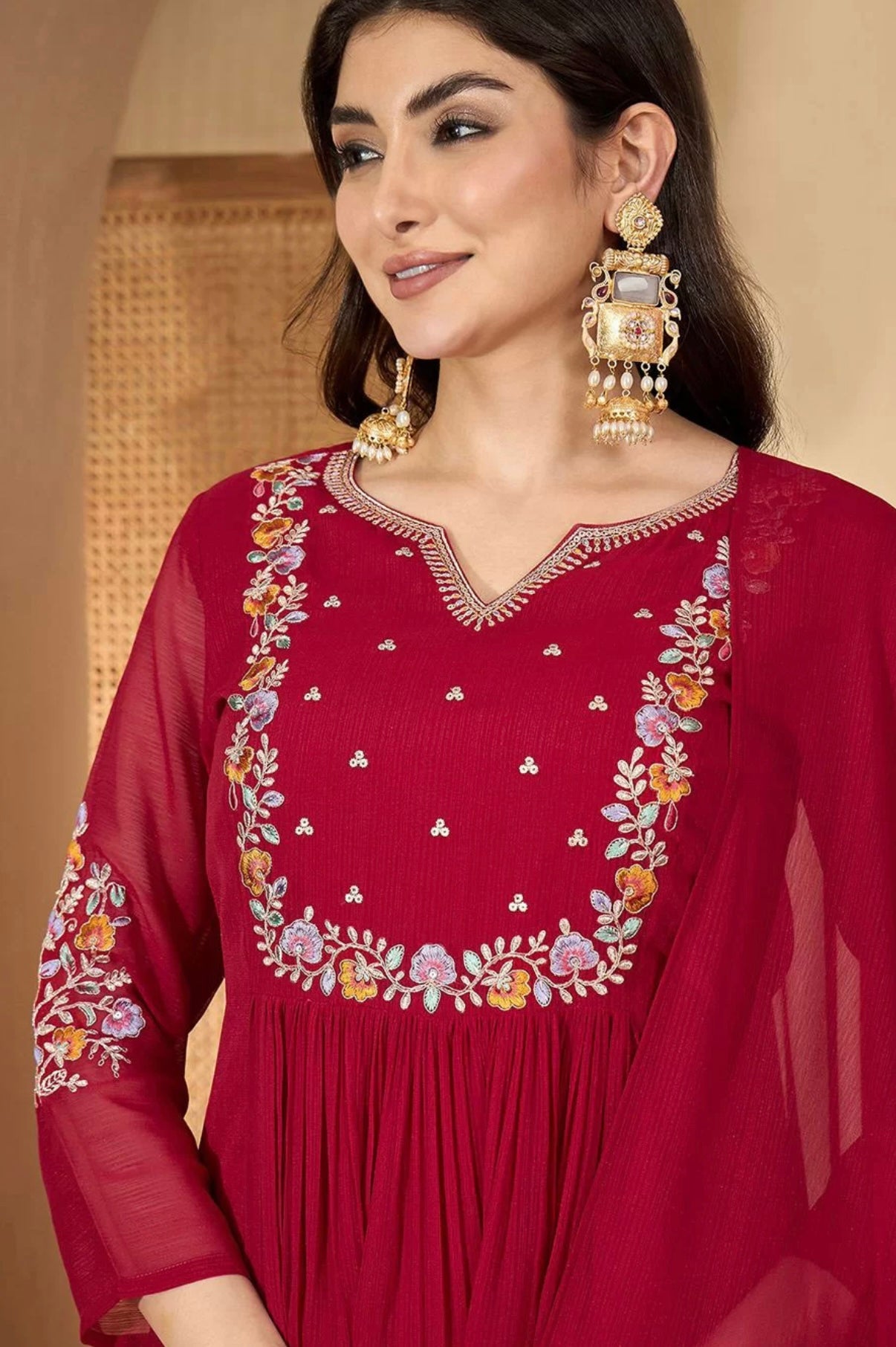 Adishaa Floral A line Red embriodered suit
