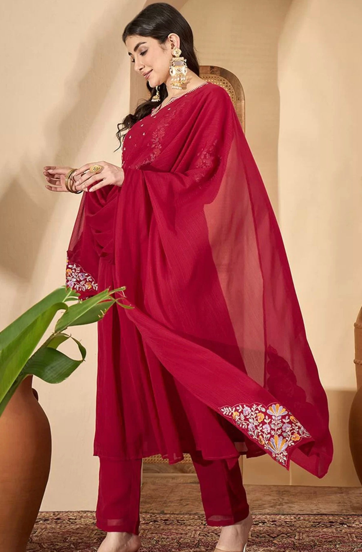 Adishaa Floral A line Red embriodered suit