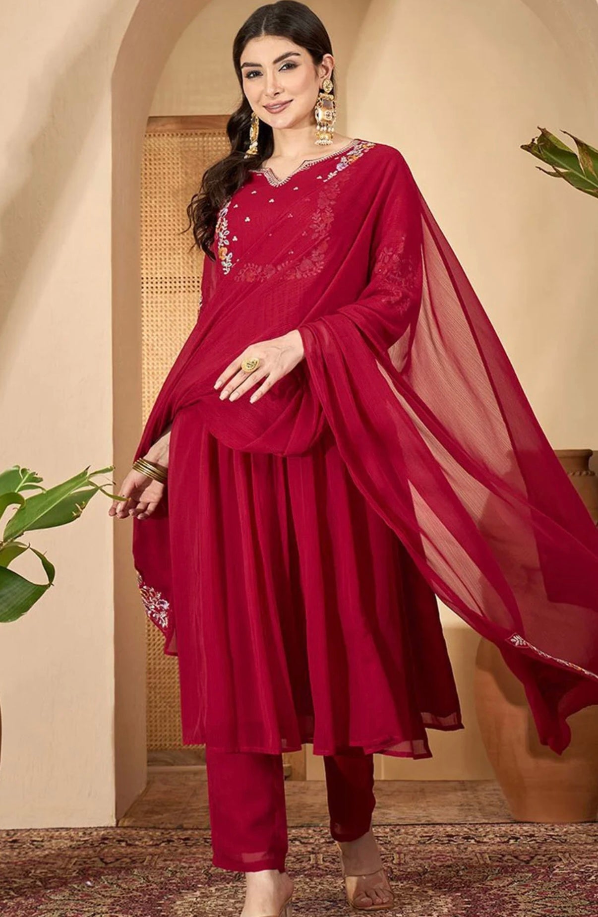 Adishaa Floral A line Red embriodered suit
