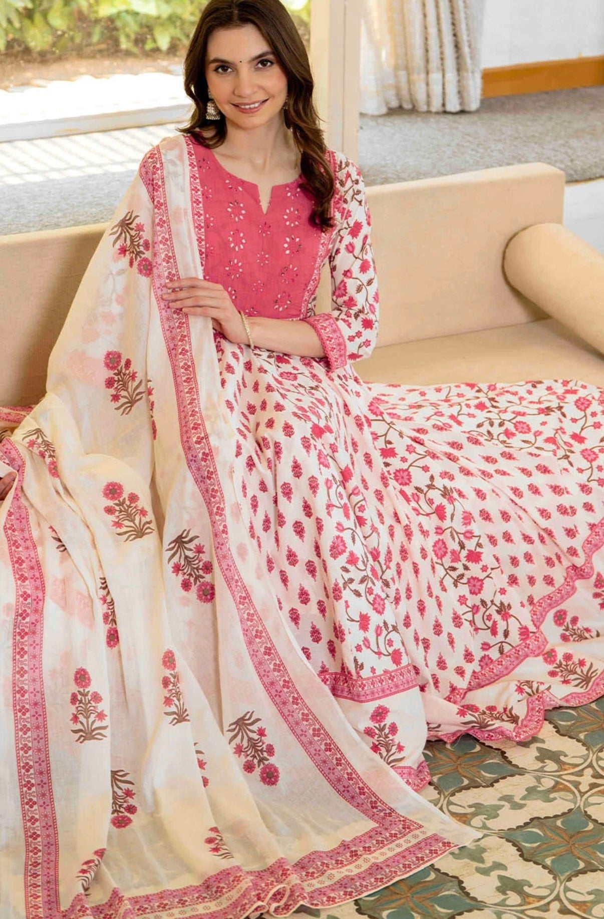 Adishaa Pink white embriodery anarkali suit