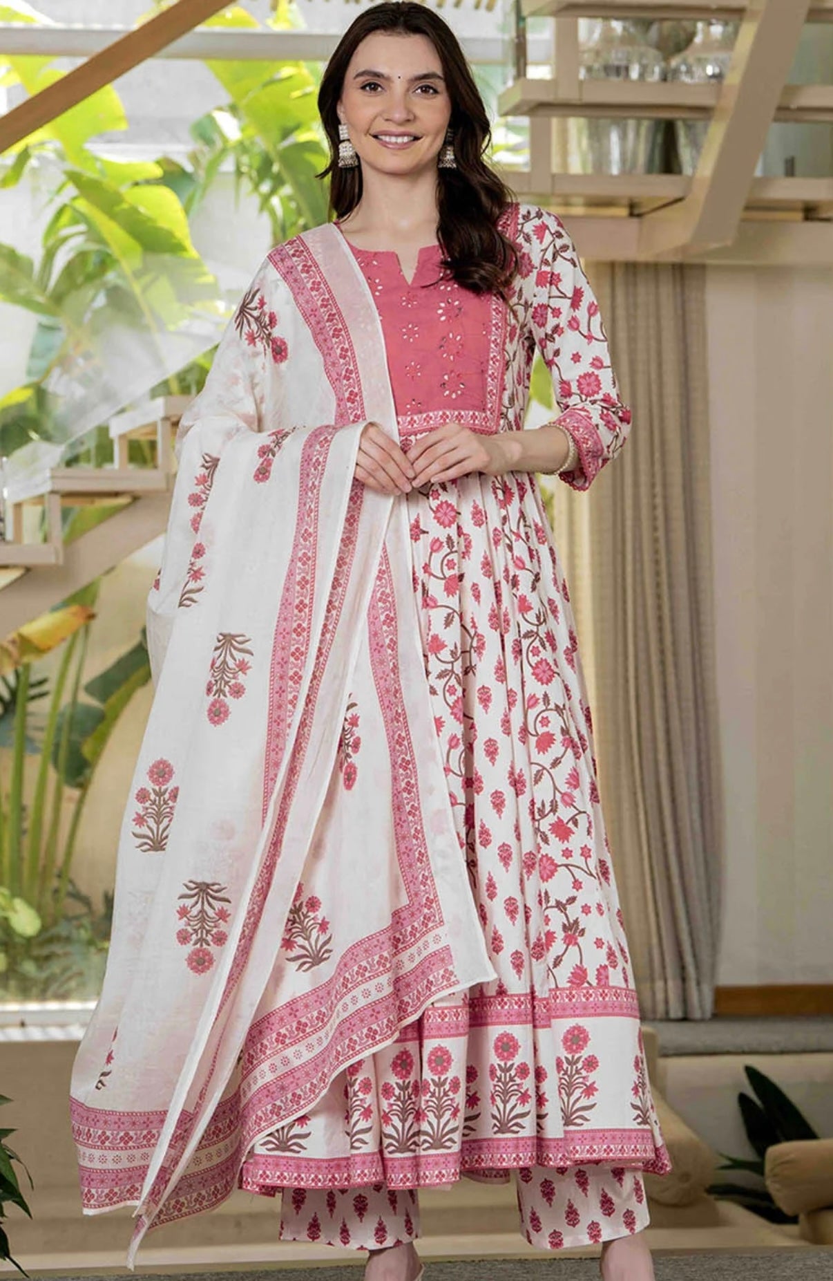 Adishaa Pink white embriodery anarkali suit