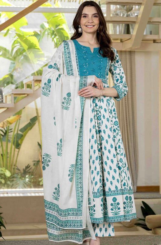 Adishaa blue white embriodery anarkali suit