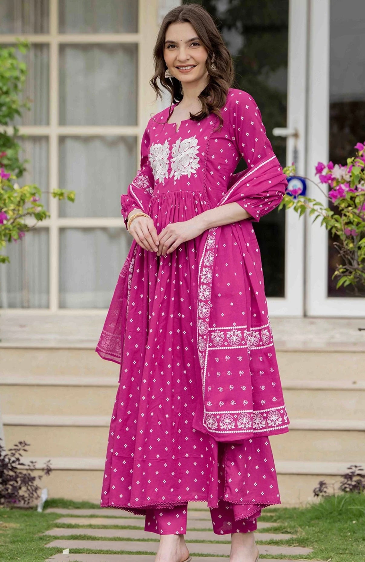 Adishaaa. Threadwork pink anarkali kurta