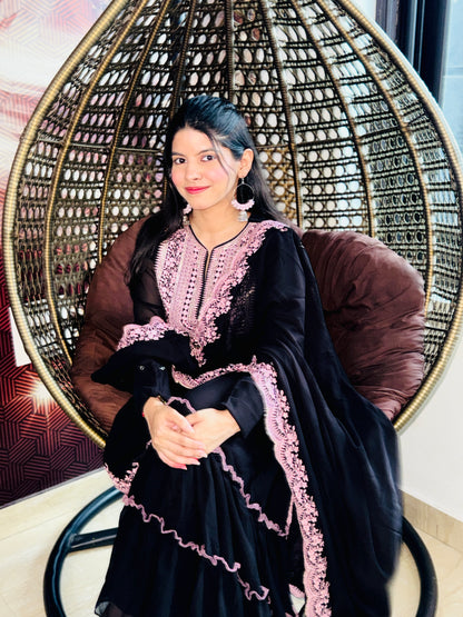 Black sharara suit with pink embriodery thread work