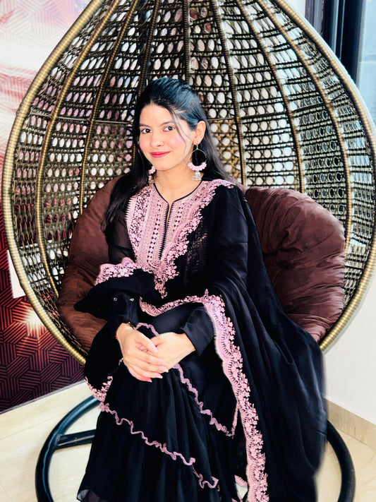 Black sharara suit with pink embriodery thread work