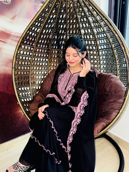 Black sharara suit with pink embriodery thread work