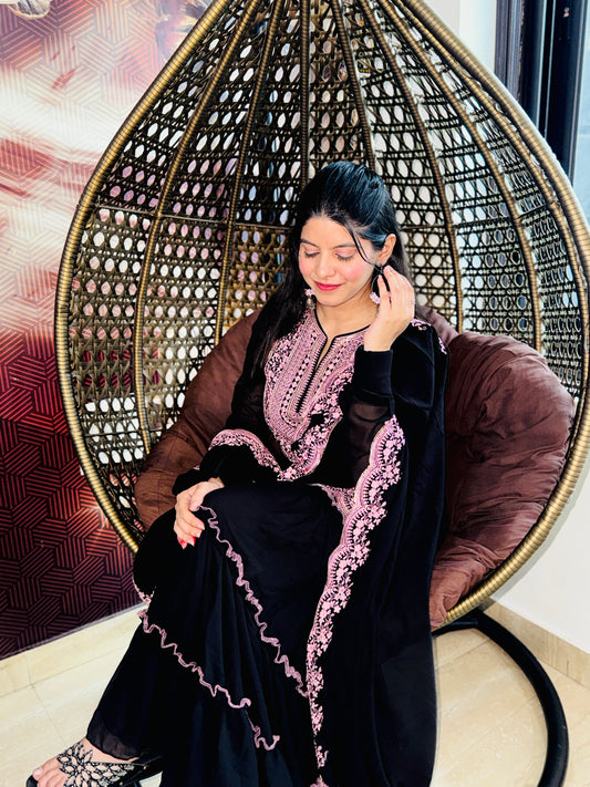 Black sharara suit with pink embriodery thread work
