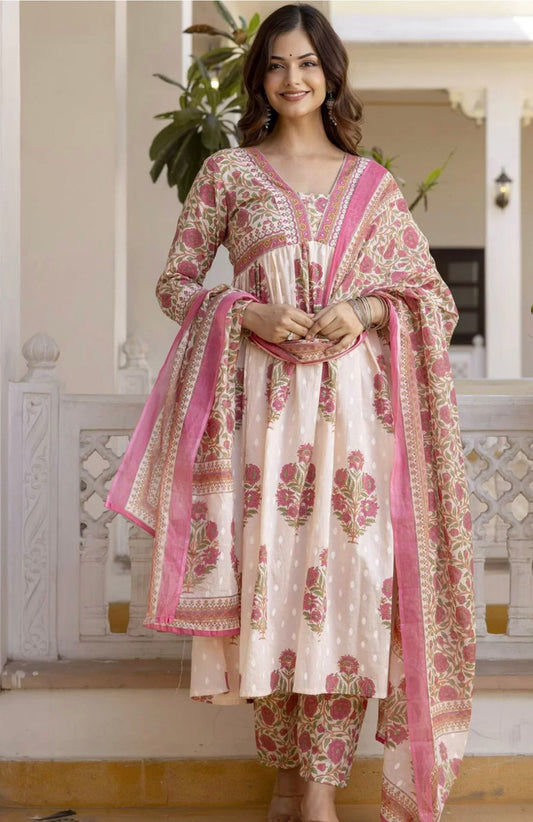 Cotton floral suit with pant and dupatta