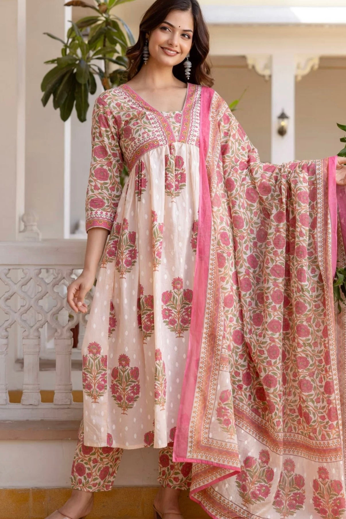 Cotton floral suit with pant and dupatta