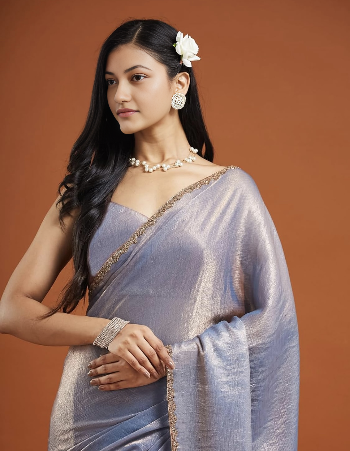 Silver Tissue Chiffon Saree