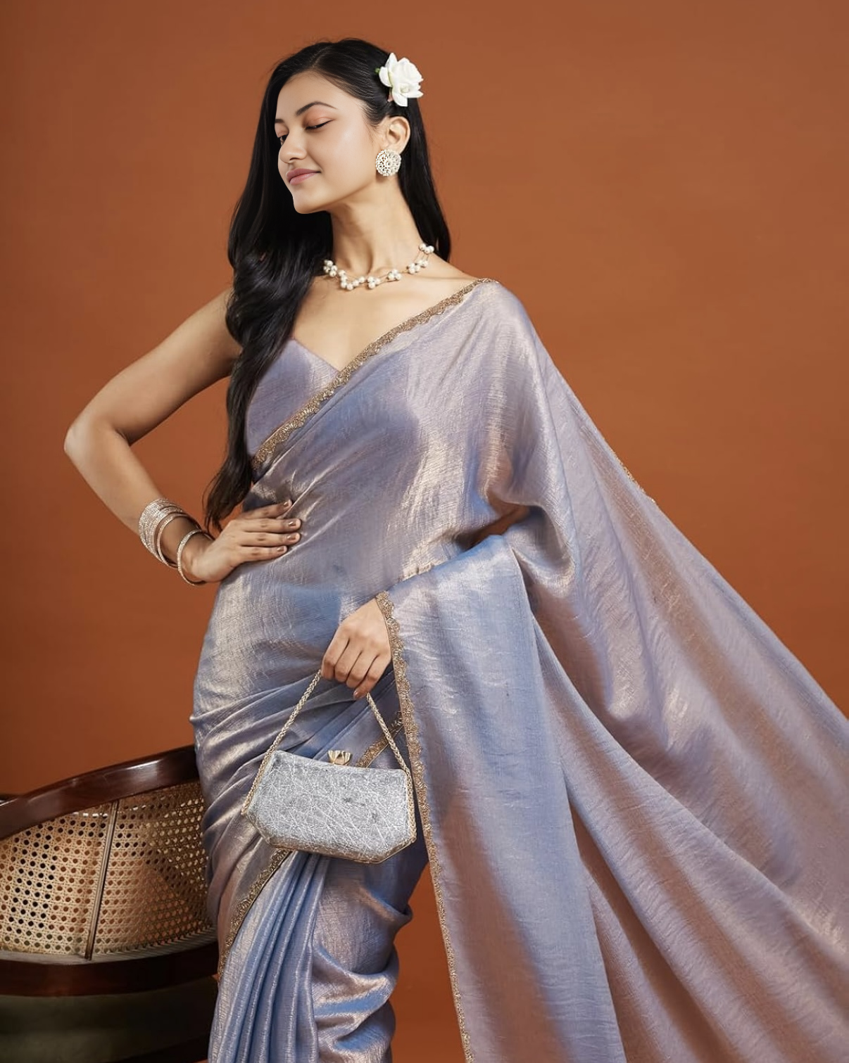 Silver Tissue Chiffon Saree