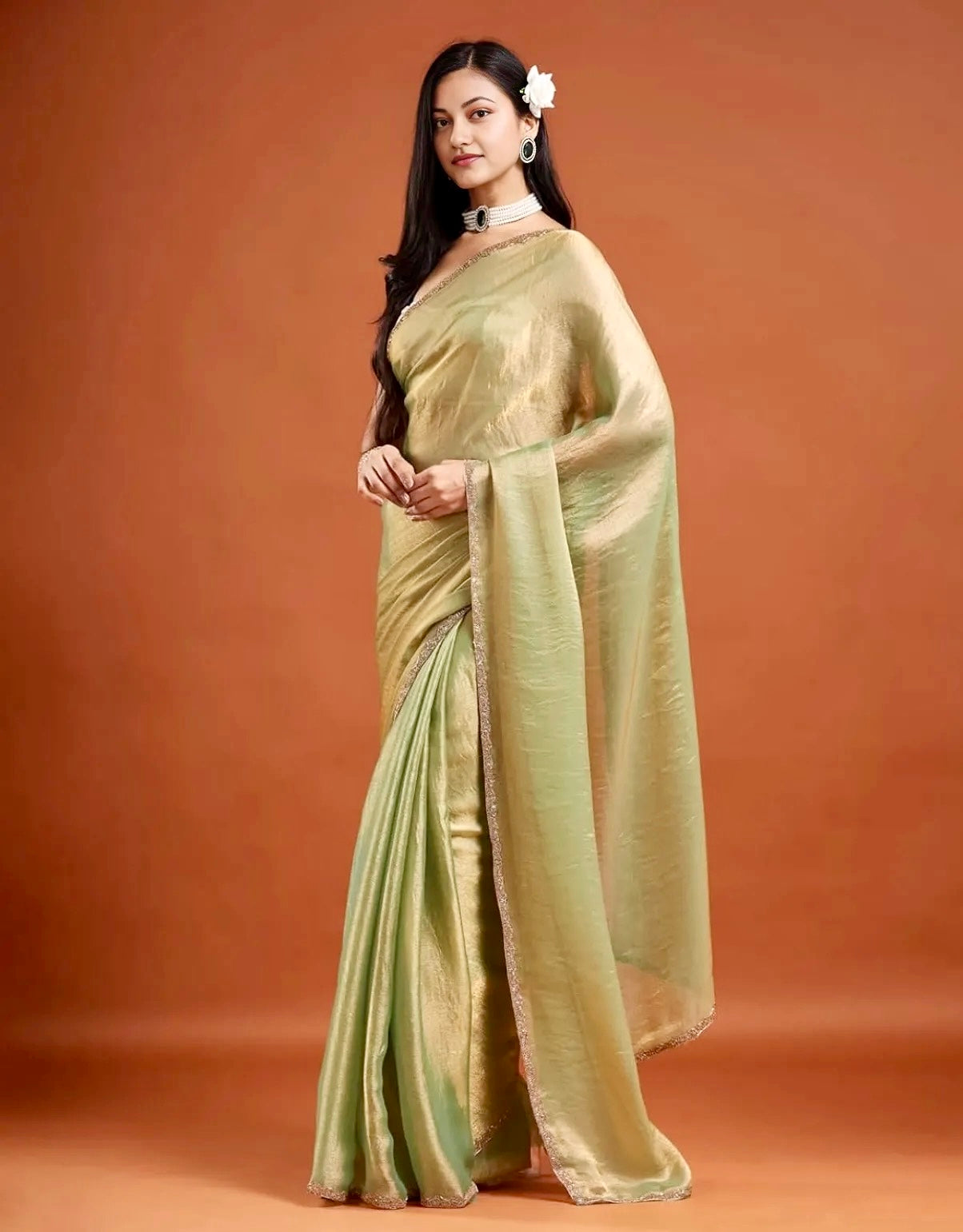 Olive green Tissue Chiffon Saree