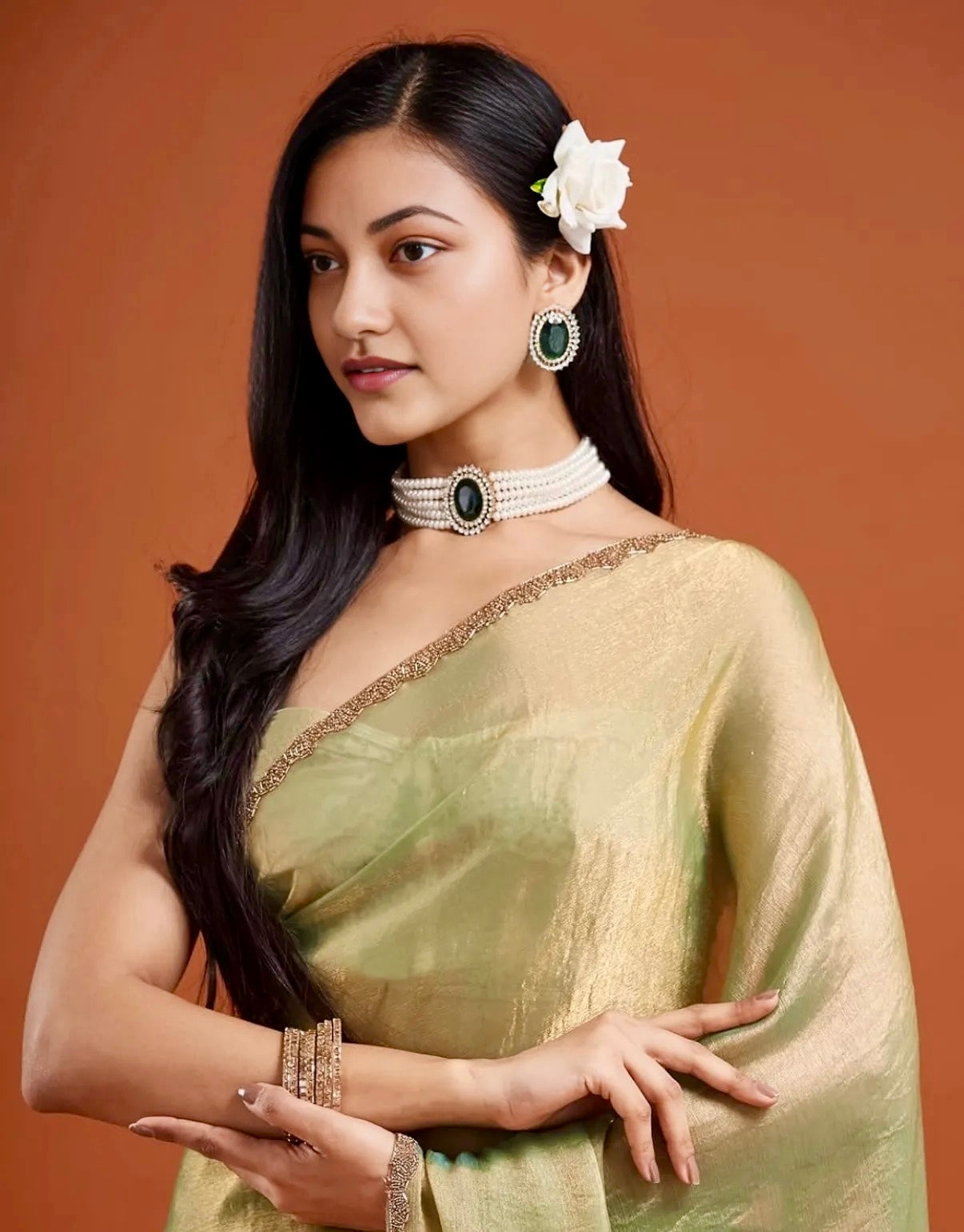 Olive green Tissue Chiffon Saree