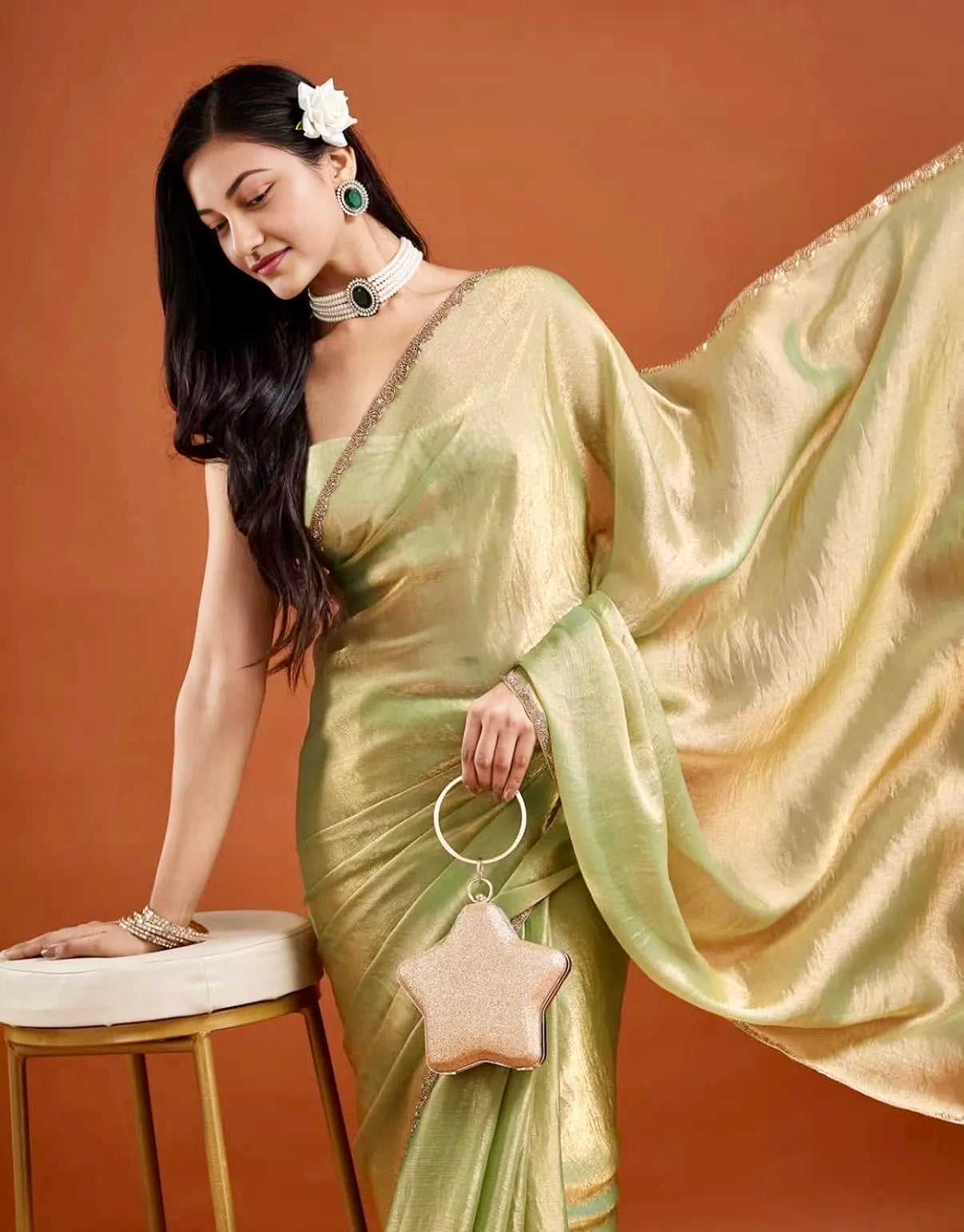 Olive green Tissue Chiffon Saree