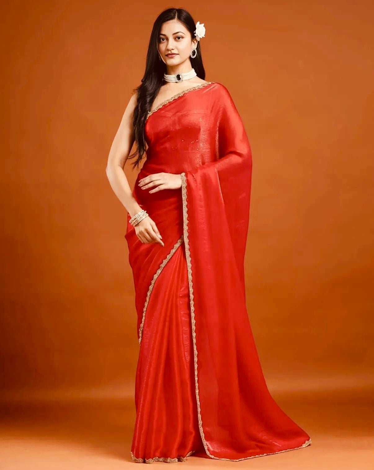 Red Tissue Chiffon Saree